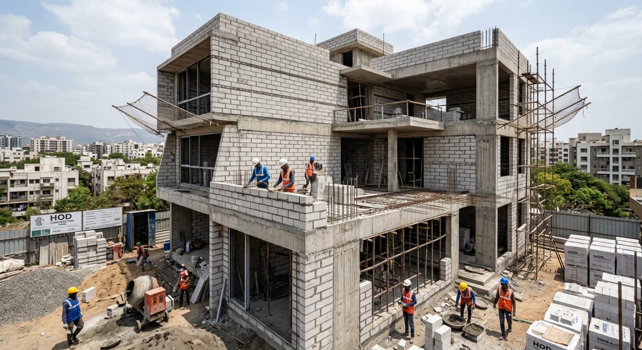 Workers at an AAC block construction site
