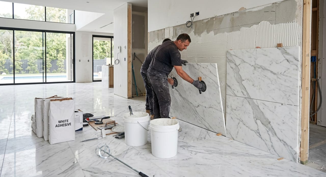An installer fitting a large wall tile onto adhesive