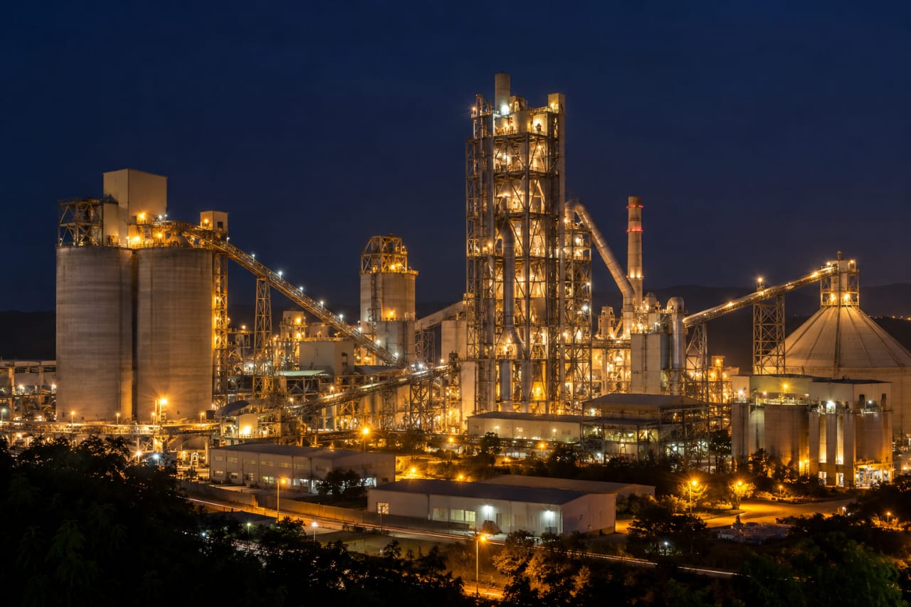 An illuminated cement production facility at night