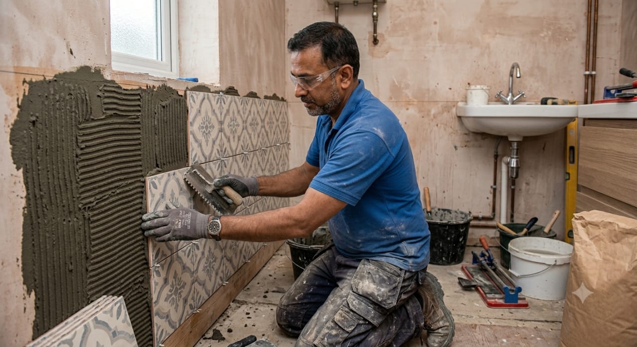 An installer fitting interior wall tiles